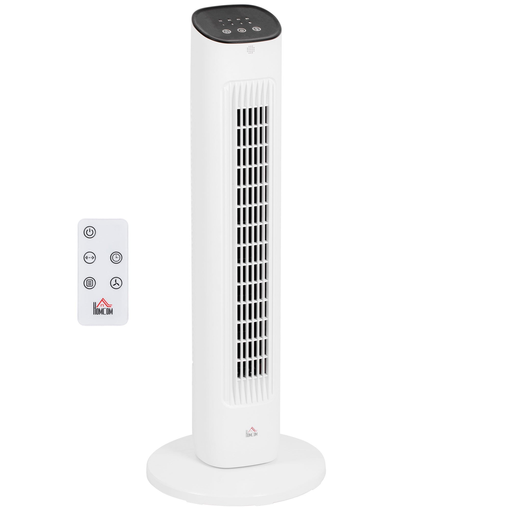 85° Oscillating Tower Fan with Remote Control, 3 Speeds, 2 Modes, Timer, LED Display, 30x30x78 cm, White