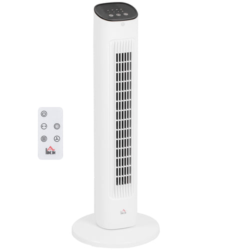 85° Oscillating Tower Fan with Remote Control, 3 Speeds, 2 Modes, Timer, LED Display, 30x30x78 cm, White