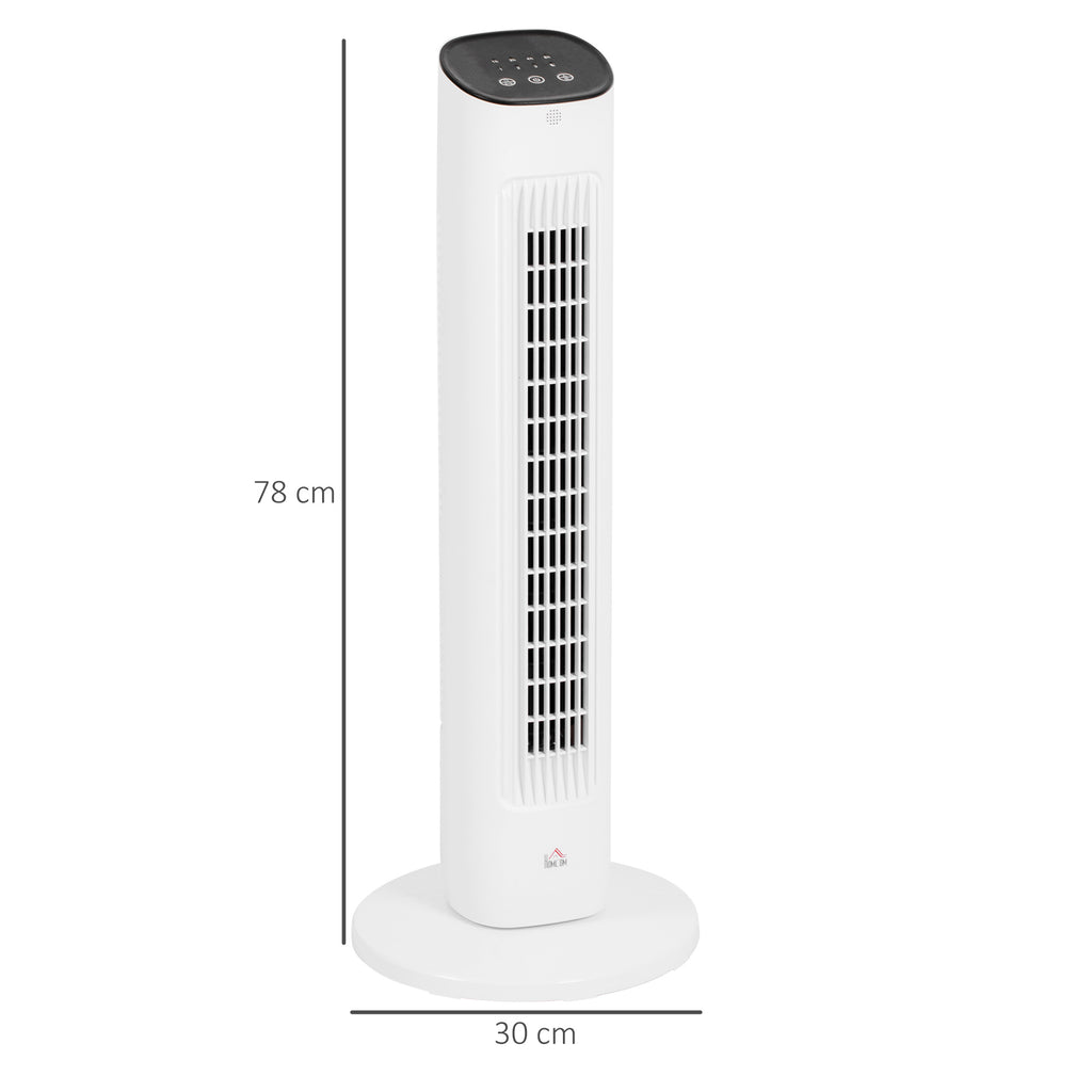 85° Oscillating Tower Fan with Remote Control, 3 Speeds, 2 Modes, Timer, LED Display, 30x30x78 cm, White