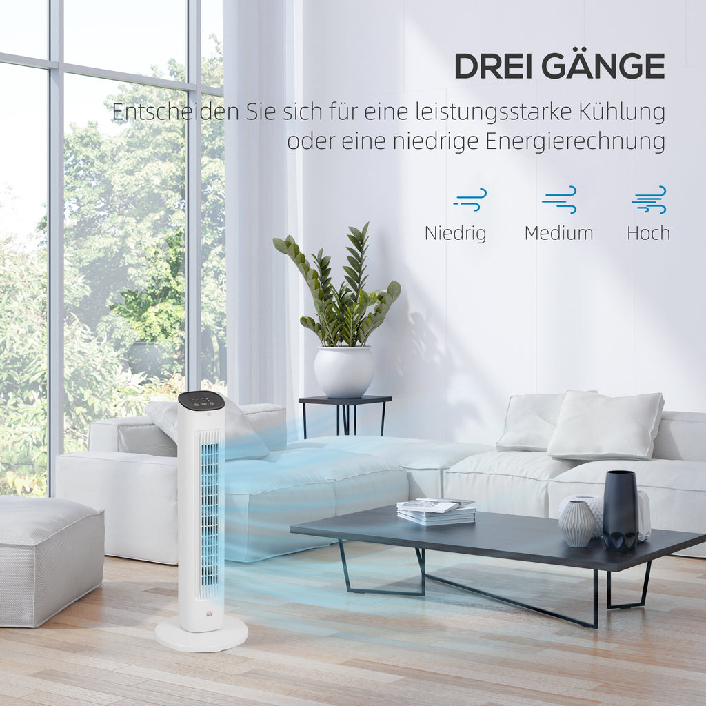 85° Oscillating Tower Fan with Remote Control, 3 Speeds, 2 Modes, Timer, LED Display, 30x30x78 cm, White
